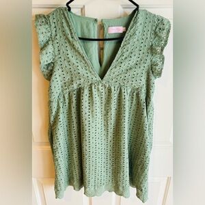 Women’s Size Large, Pink Lili, Mini Dress, Teal Green, Eyelet Lace with Pockets